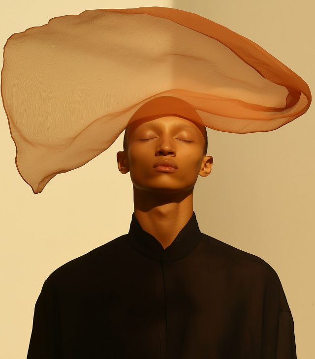 Serene Portrait with Flowing Fabric